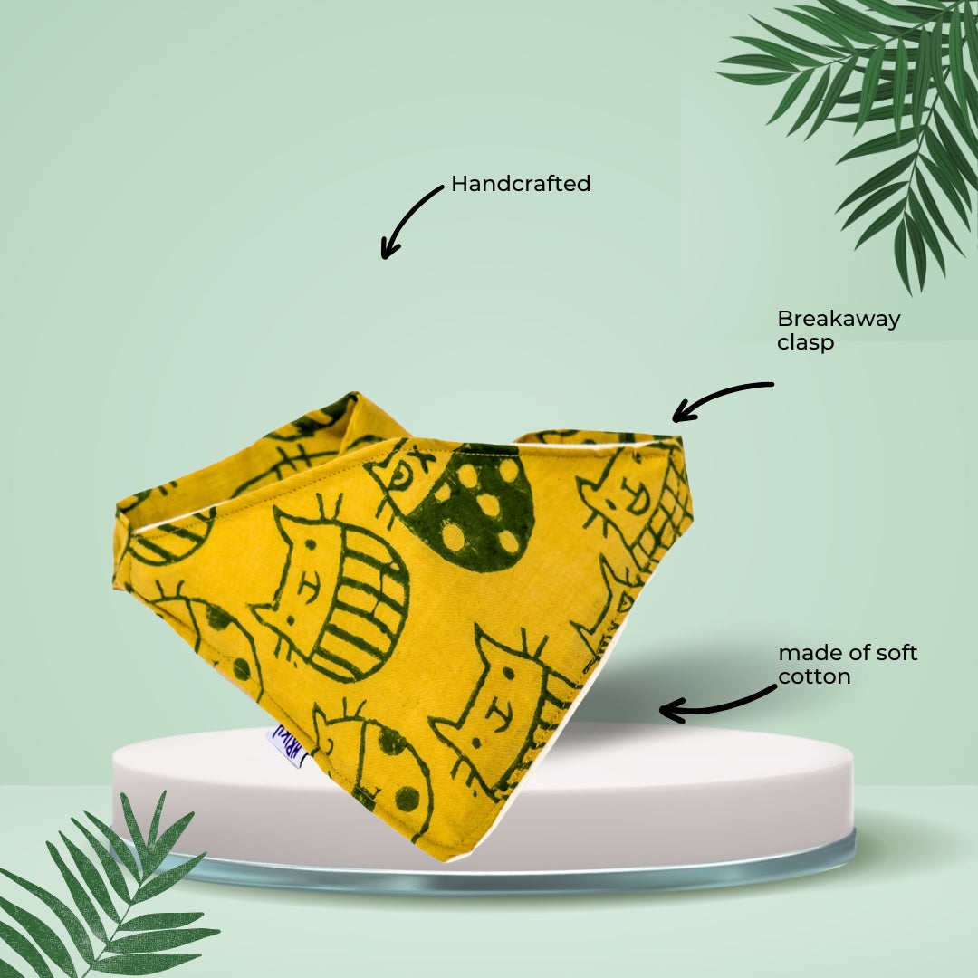 HRIKU® Cat Bandana - Organic Cotton Block Print - Quirky Feline (Olive)