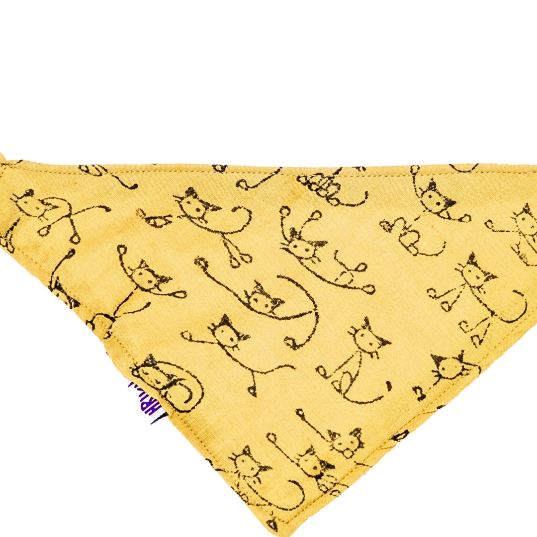 HRIKU® Cat Bandana - Organic Cotton Block Print - Groovy Cat (Olive)