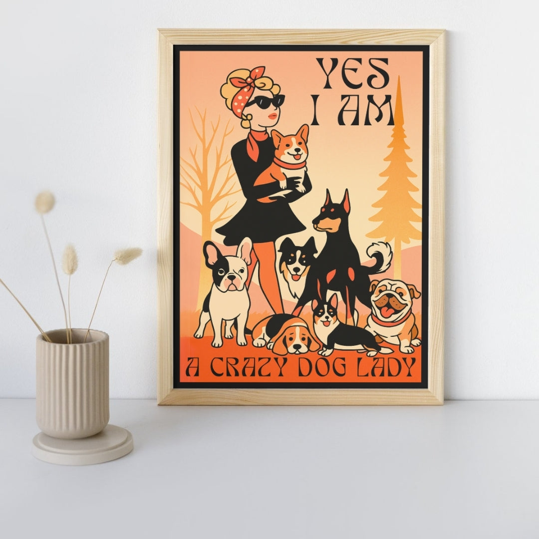 HRIKU® Art Prints - Quirky Cat & Dog Designs - Crazy Dog Lady (Without Frame)